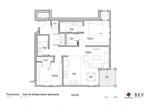 Floor plan for 2 beds, 2 baths, 1005 sqft